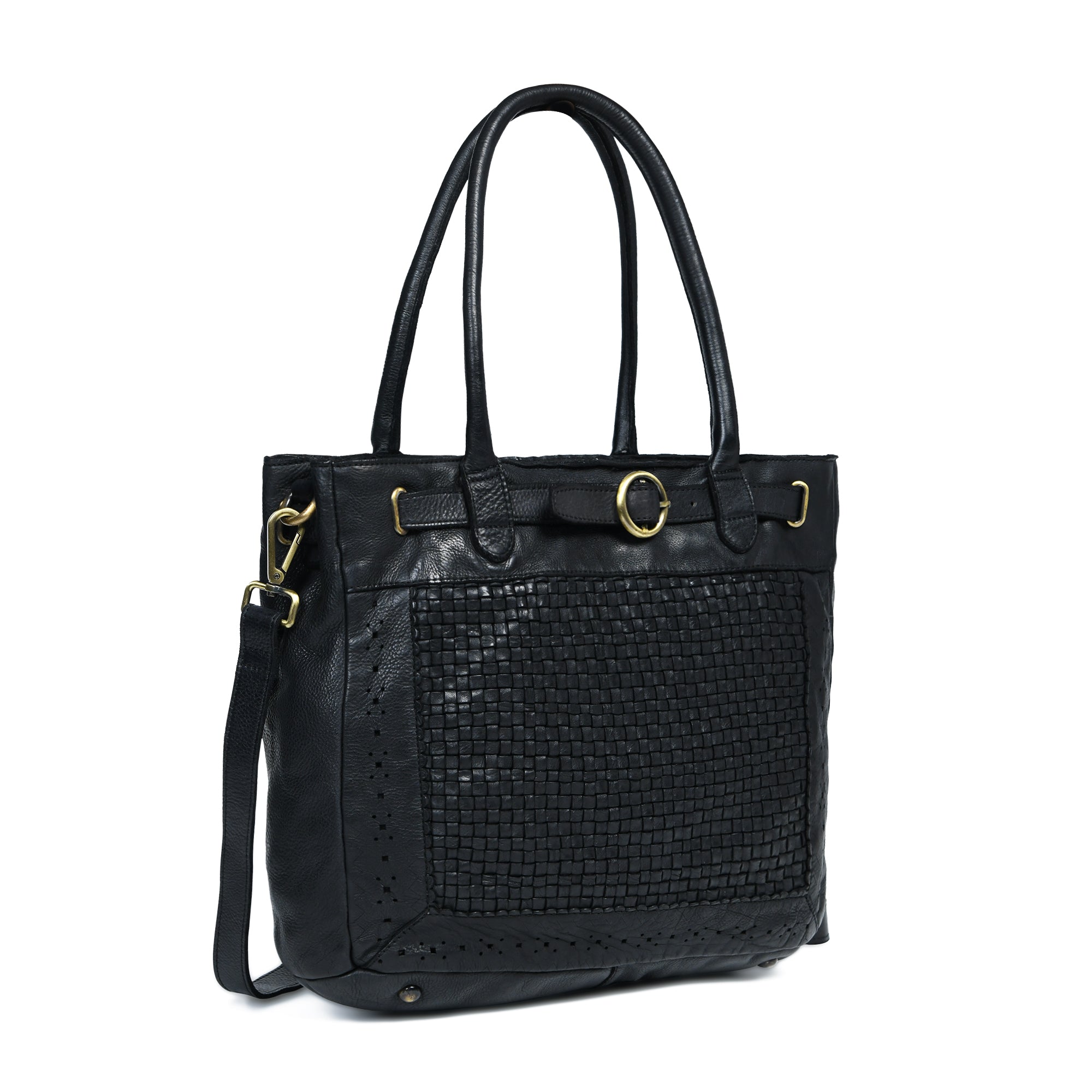 Vintage Woven Espresso Leather Women's Handbag - Black Colour